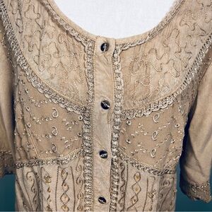 Embroidered Button Front Top 3/4 Sleeve Tunic Bohemian Style Size L/XL Vintage